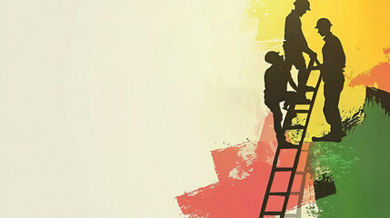 Black History Month celebrates heritage culture activism civil rights and diversity. Silhouetted Workers on Ladder Against Colorful Abstract Background