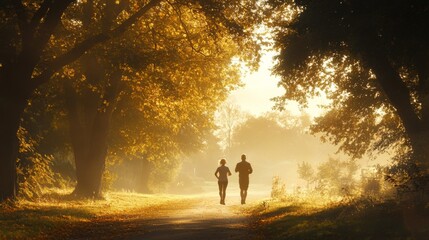 Couple jogging on path through sunlit autumn woods