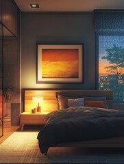 Modern bedroom interior design with sunset view