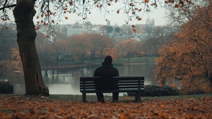 Contemplative Figure on a Bench Overlooking an Autumnal Lake