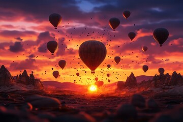 Obraz premium Hot air balloons at sunset over rocky landscape with dramatic sky