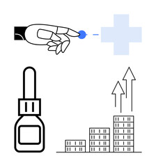 Robotic hand interacting with medical cross icon, medication dropper, and rising bar graph with arrows. Ideal for AI in healthcare, medical technology, robotics, investment, innovation, growth