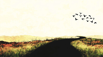 Black History Month celebrates heritage culture activism civil rights and diversity. Serene Landscape with Curved Path and Flying Birds at Dusk