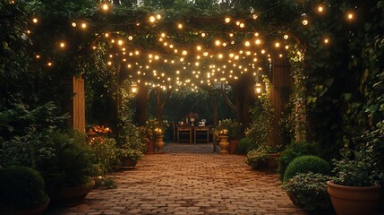 Fototapeta premium Evening garden path illuminated by string lights, leading to a gazebo.