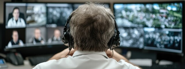 A person with short gray hair sits in front of six screens displaying various security camera feeds. The operator is focused, wearing headphones, ensuring safety and security
