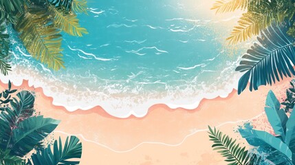 Tropical beach aerial view with turquoise water, soft waves, and lush foliage.