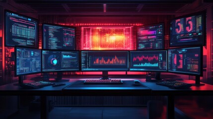 Dark room with multiple monitors displaying data and code.