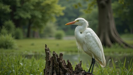 Obraz premium A majestic white egret perches atop a weathered tree stump, its bright orange beak and piercing yellow eyes scanning the surroundings as it stands tall with one leg forward