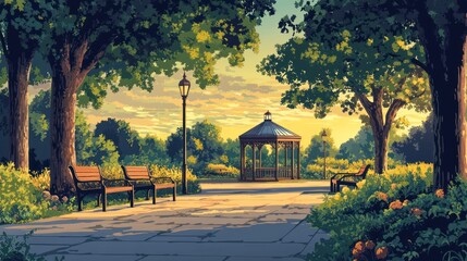 Obraz premium Serene park scene at sunrise with gazebo and benches.