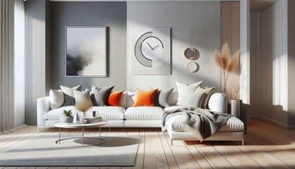 Modern minimalist living room, abstract geometric wall art, orange and white color scheme, L-shaped gray sofa, hanging pendant light, round wooden coffee table, potted plant, sleek interior design, ne
