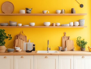 Modern Kitchen Shelving With Yellow Wall And Wooden Accents
