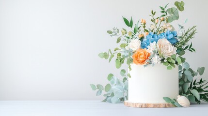 A white cake with blue and orange flowers on top