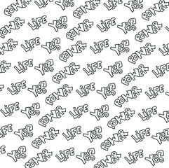 Three cartoonish, puffy words form the texture or background. The words include 