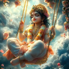 Lord Krishna Swinging in Dreamy Clouds Majestic Deity Bal Krishna Illustration
