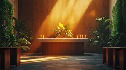 Obraz premium Sunlit minimalist chapel interior with plants and candles.