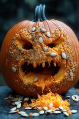 Grotesque Distressed Pumpkin Spewing Pulp with Carved Face Open Mouth Halloween Horror Decoration