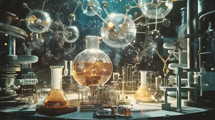 A Futuristic Alchemy Laboratory With Glassware And Molecular Models