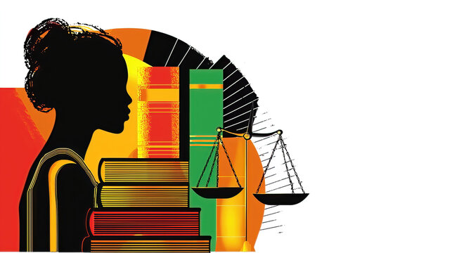 Black History Month celebrates heritage culture activism civil rights and diversity. Woman Silhouette With Books And Scales Of Justice Background