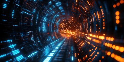 Fototapeta premium Futuristic Digital Tunnel with Glowing Data Streams and Vibrant Colors in Impressionist Style for Creative Projects