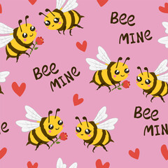 Cute bees seamless pattern and text “Bee Mine”. Vector illustration.
