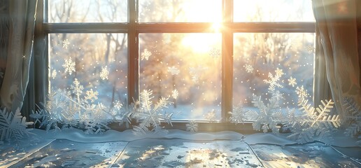Naklejka premium Sunlit winter window scene with snowflakes on sill.