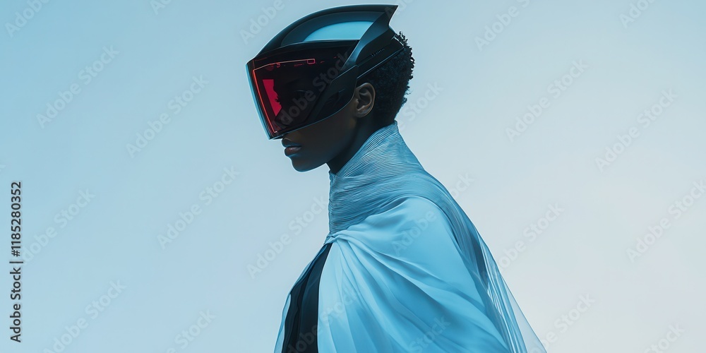 Wall mural portrait of a model in a high-fashion techwear cape with embedded smart fabric panels that change co