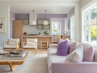 Lavender Living Room with Open Kitchen Design