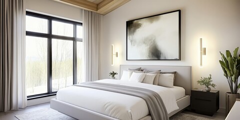 modern luxury bedroom, large sliding glass doors, natural light, minimalist interior design, beige tones, wooden ceiling beams, abstract wall art, pendant lights, potted plants, cozy bedding, zen atmo