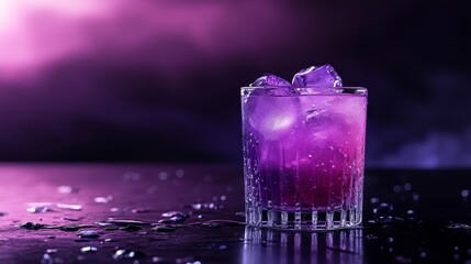 Purple Cocktail with Ice, Dark Moody Bar Setting