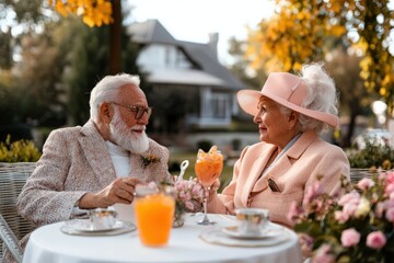 Elderly caucasian couple enjoying tea outdoors in autumn garden