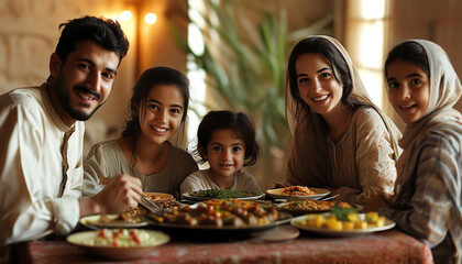 Fototapeta premium Middle Eastern Family Enjoying Traditional Meal Together at Home