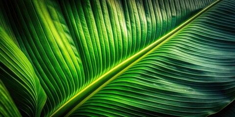 Fototapeta premium Low Light Banana Leaf Closeup Photography - Macro Shot, Tropical Plant Texture, Dark Green Foliage, Night Photography