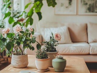 Fototapeta premium Roses and plants arranged on a wooden coffee table