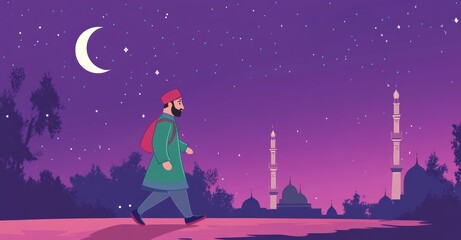 Fototapeta premium Nighttime pilgrim walks towards mosque under crescent moon