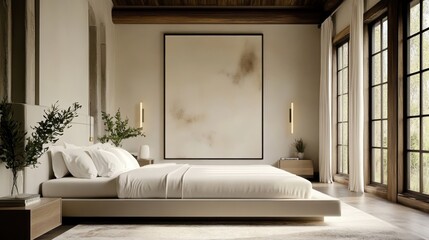 Fototapeta premium modern luxury bedroom, large sliding glass doors, natural light, minimalist interior design, beige tones, wooden ceiling beams, abstract wall art, pendant lights, potted plants, cozy bedding, zen atmo