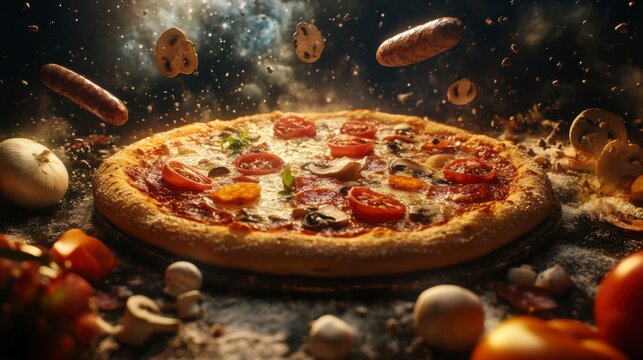 Delicious Pizza with Flying Toppings - A Culinary Explosion