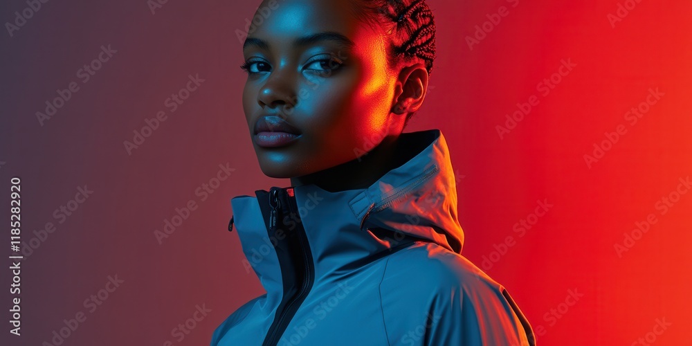 Wall mural portrait of a model wearing a streamlined windbreaker with asymmetrical zippers smart storage compar