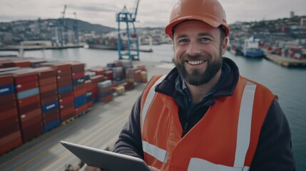 Confident Harbor Worker: A smiling construction worker in an orange safety vest and hardhat stands on a dock with a tablet in hand, overseeing shipping containers, exuding confidence and expertise. 