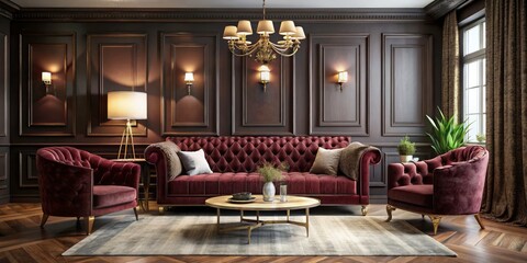 Luxurious Burgundy Velvet Sofa Set in a Modern Living Room with Classic Wall Paneling and Round Coffee Table
