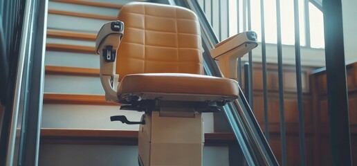 Tan stair lift chair on wooden stairs.