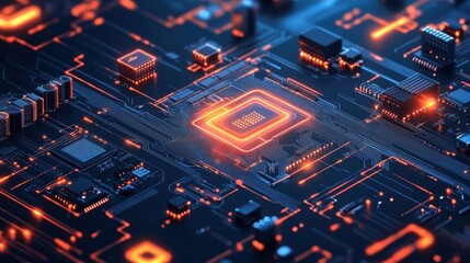 Obraz premium Close-up of a glowing CPU on a circuit board.