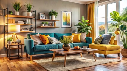 Fototapeta premium Modern Living Room Interior Design with Elegant Furniture and Cozy Atmosphere for Home Decor Inspiration, Showcasing Stylish Accessories and Bright Natural Lighting