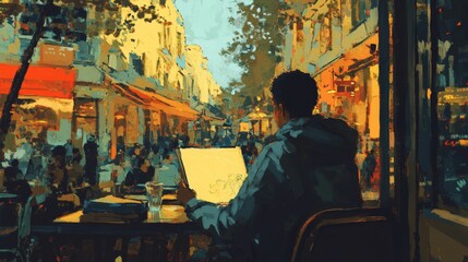 Obraz premium Person sitting at a cafe overlooking a vibrant city street