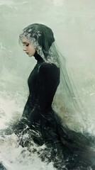 Pensive Woman in Black Dress and Veil by the Sea