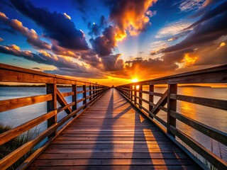 Obraz premium Mysterious silhouette of a wooden bridge at sunset, beams of light piercing the rural night's darkness.