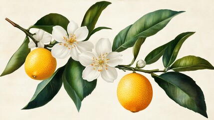 Botanical illustration of orange tree branch with blossoms and ripe oranges.