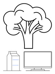Tree outline with milk carton and television icons below, symbolizing the contrast between nature and modern life. Ideal for environmental, sustainability, ecological impact, consumerism, technology