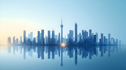 Fototapeta premium Cityscape sunrise reflection, urban panorama (1)