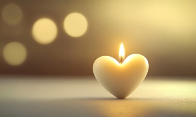 Lit heart-shaped candle on a table with bokeh background.