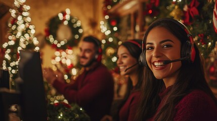 Christmas Customer Support Team: A cheerful customer service representative smiles warmly, wearing a headset in a festively decorated office, surrounded by colleagues celebrating the holiday season.